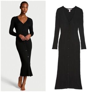 Victoria’s Secret Black Ribbed Knit Button Front Long Cardigan Sweater Dress XL